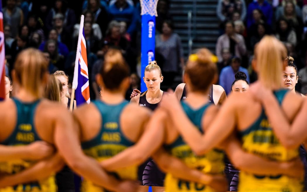 Katrina Grant of the Silver Ferns prepares for the Constellation Cup netball match against Australian Diamonds, 2017.