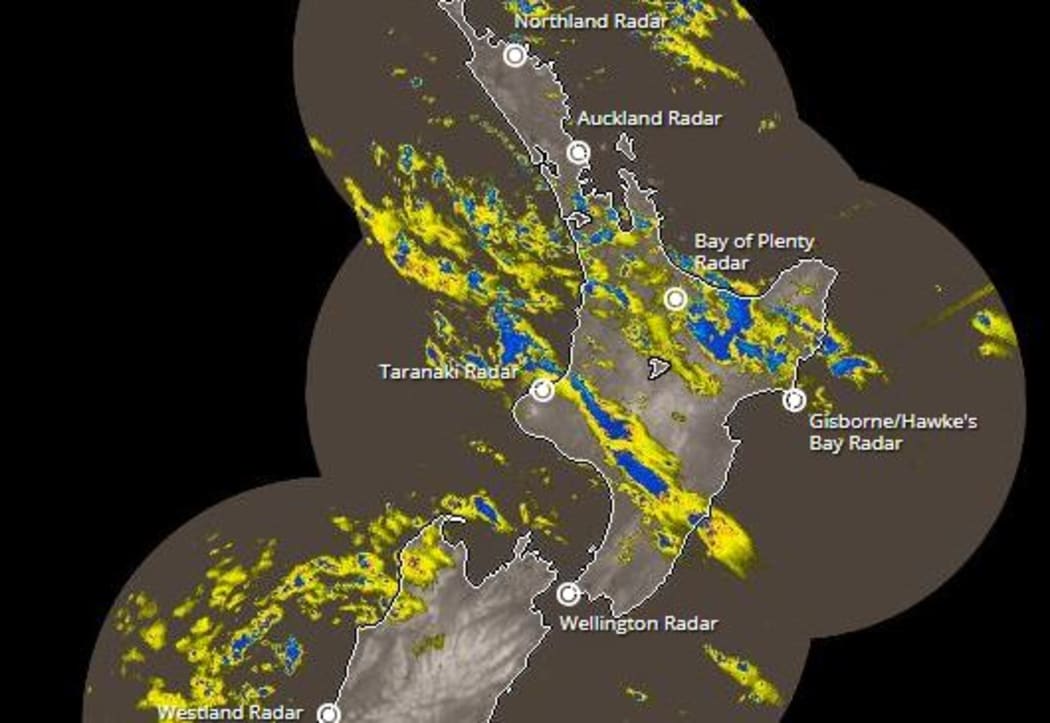 Rain pouring down on most of the North Island.