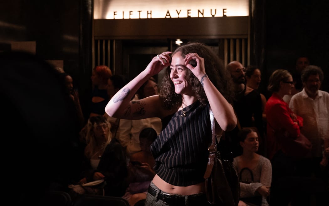 Ella Emhoff, stepdaughter of US Vice President Kamala Harris, attends the Eckhaus Latta Spring Summer 2024 runway show during New York Fashion Week at the Rockefeller Center in New York City on September 9, 2023. (Photo by Adam GRAY / AFP)