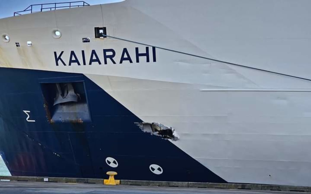 A hole in the side of the Interislander ferry Kaiarahi.