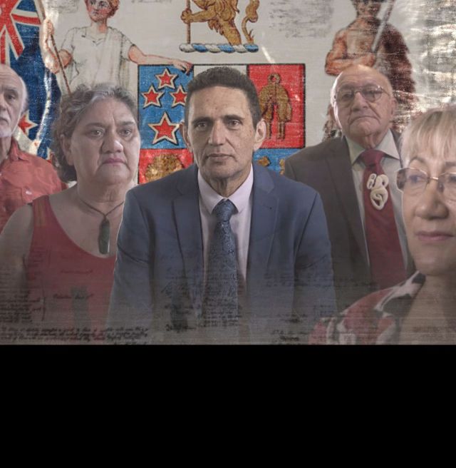 A composite image of the people the series is about, they are displayed over the NZ coat of Arms . The te Tiriti o Waitangi is overlaid on top and a grungy, distressed feeling to the whole image.