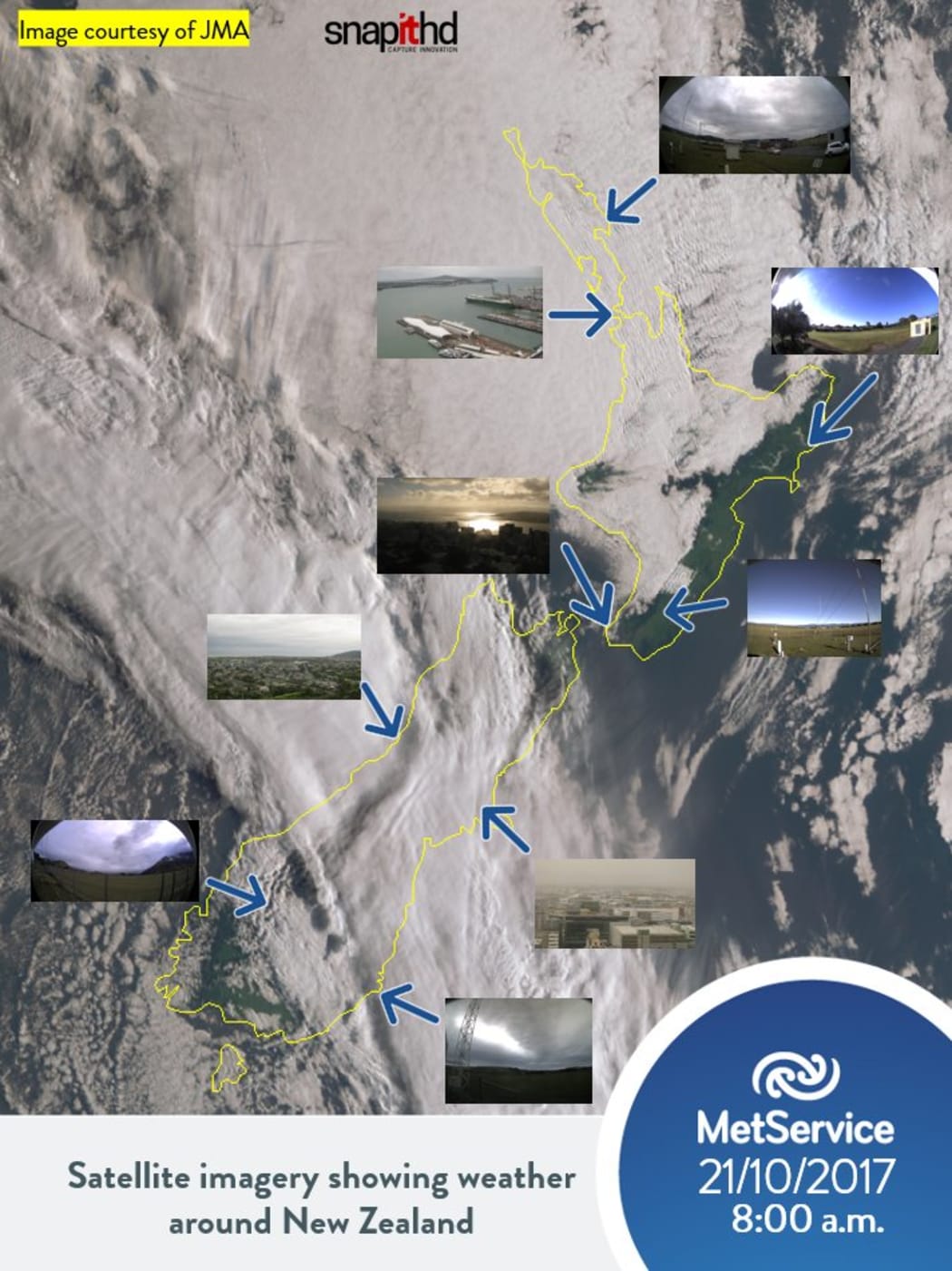 MetService satellite image showing a cold front lying over southern South Island, and webcam images from around the country.