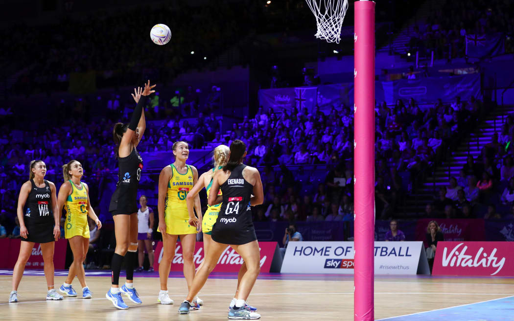 Maria Folau shoots during the match against Australia.  New Zealand will play England in the semi-finals.