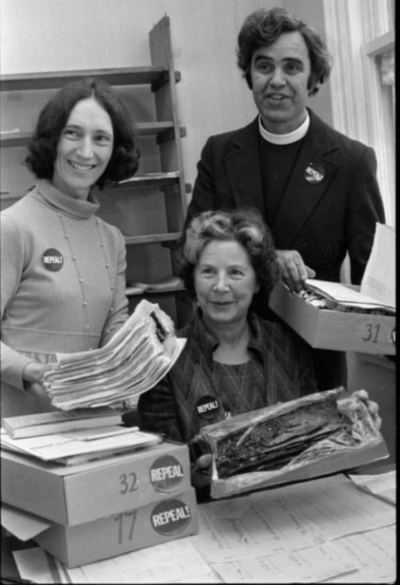 Rev John Murray (director of "Repeal"), Brenda Cutress, and Winifred Everitt (national co-ordinator of "Repeal") with boxes containing some of the 300,000 signatures making up the petition against the 1977 abortion legislation.