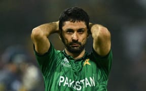 Pakistan's Abrar Ahmed reacts during the 2026 ICC Men's T20 Cricket World Cup Super Eights match between Sri Lanka and Pakistan at the Pallekele International Cricket Stadium in Kandy on February 28, 2026. (Photo by Ishara S. KODIKARA / AFP)