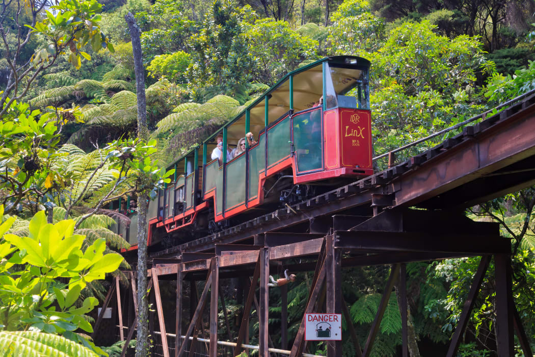 A rail car crossing a bridge on the Driving Creek Railway.