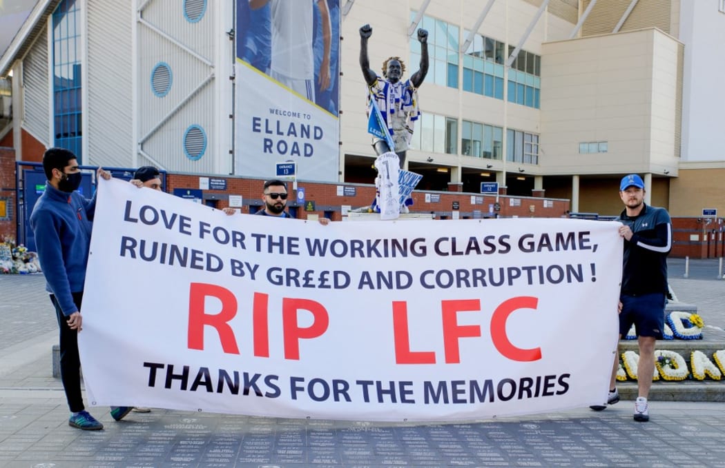 Demonstration against the European Super League, ESL during the English championship Premier League football match between Leeds United and Liverpool.
