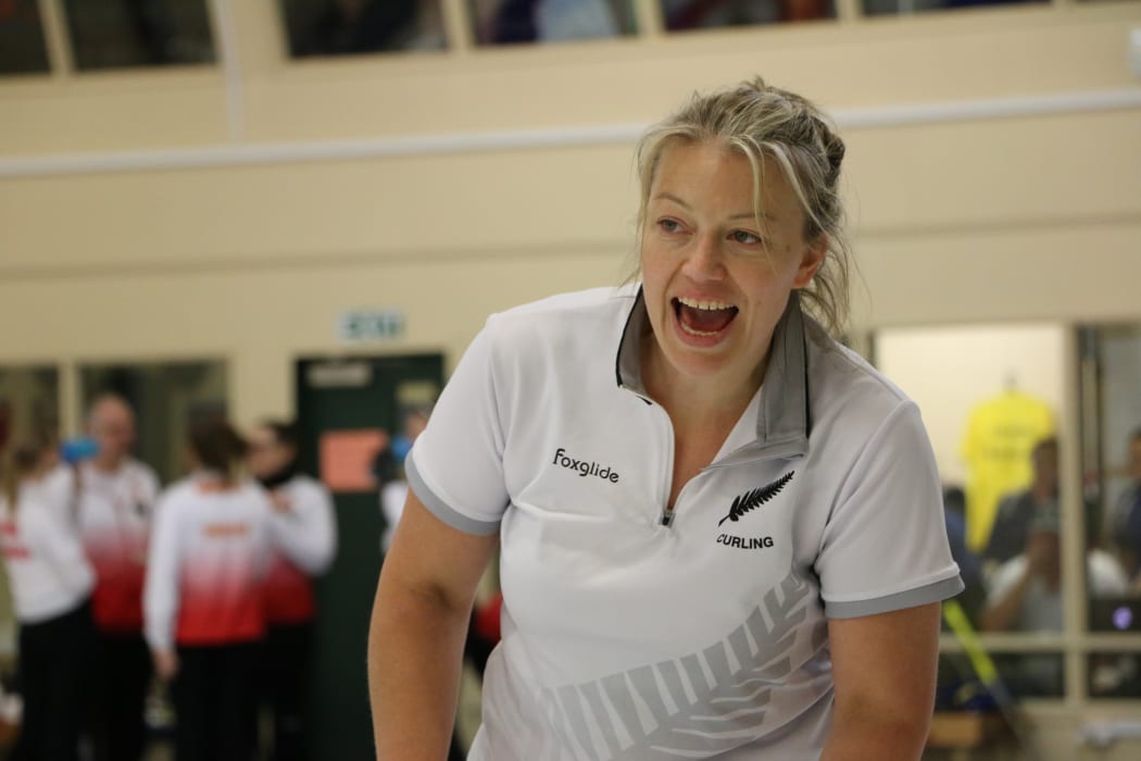 New Zealand women’s skip Bridget Becker shouts instructions to her teammates.