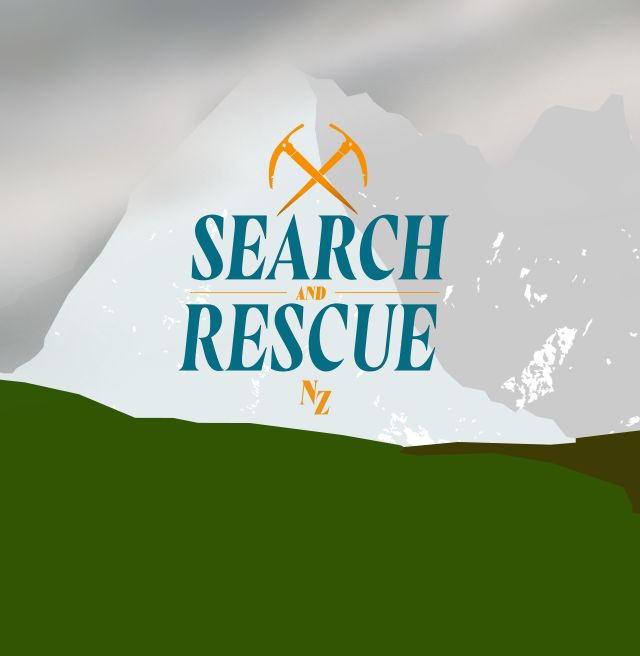 illustration of a mountain with dark cloud and fog starting to descend. Illustration is in a vintage poster style. The Text reads Search and Rescue NZ and features crossed ice picks.