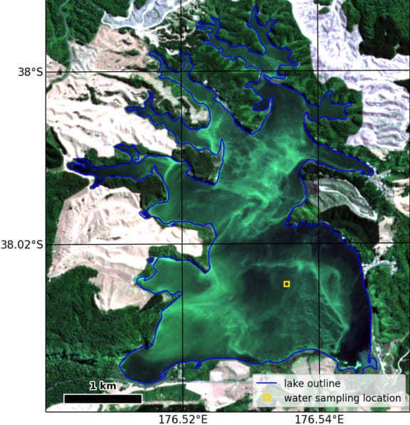 Satellite images of a Rotorua Lake showing algal blooms.