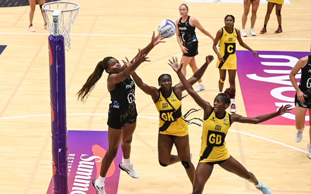 New Zealand's Grace Nweke battles for the ball with Jamaica's Mischa Creary and Latanya Wilson. New Zealand Silver Ferns v Jamaica, Taini Jamison Trophy netball series. Pullman Arena, Auckland, New Zealand. Thursday 22 September 2022. © Photo: Andrew Cornaga / www.photosport.nz