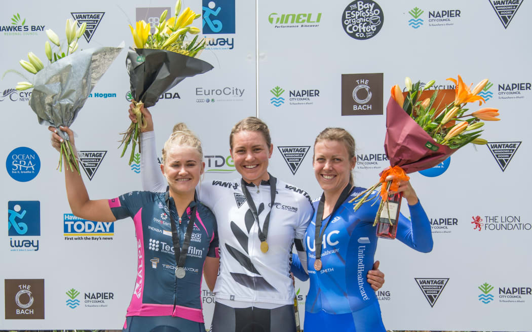 Cyclist Jaime Nielsen (middle) tops the podium for the women's time trial at the 2017 National Road Championships.