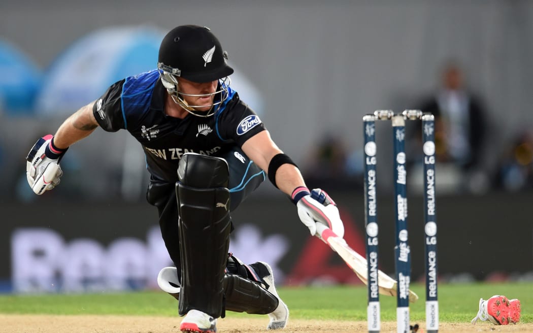 New Zealand captain Brendon McCullum loses his shoe during his whirlwind innings during the Cricket World Cup Semifinal match between New Zealand and South Africa at Eden Park, 2015.