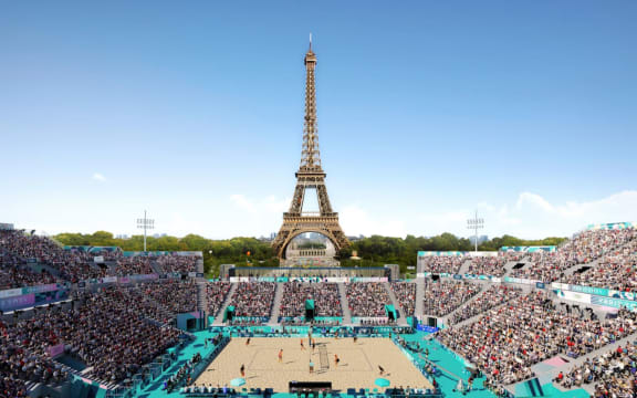 A temporary stadium next to the Eiffel Tower will host the Olympics beach volleyball tournament.