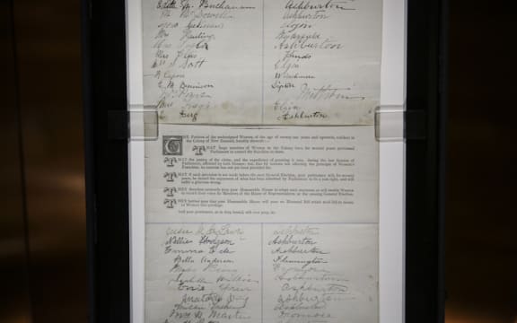 Women's Suffrage Petition, signed by about 24,000 New Zeland women. He Tohu, a new permanent exhibition of three iconic constitutional documents that shape Aotearoa New Zealand. Treaty of Waitangi, Declaration of Independence and Women's Suffrage Petition.