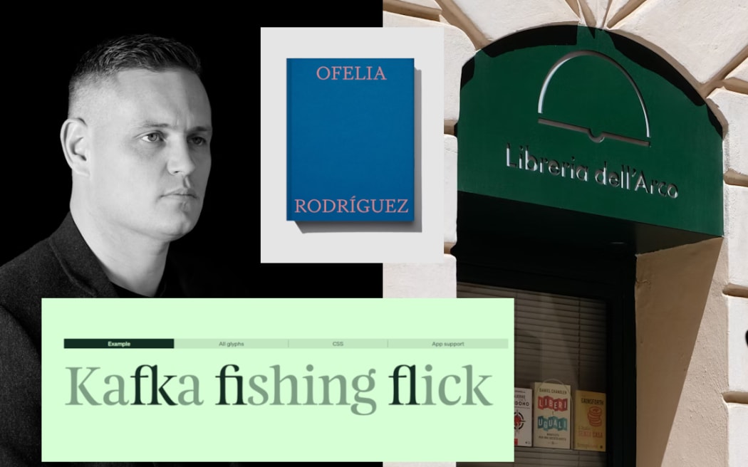 A composite image showing founder Kris Sowersby looking serious; an art book cover with font done by Klim; an example of Klim's website trying out a font, saying 'Kafka fishing flick'; and an embossed green door with Klim font.