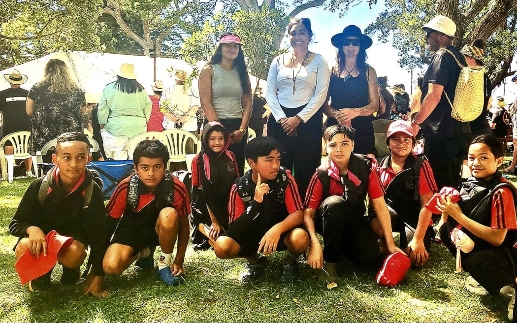 A group of kaiako (teachers) and students from Te Kura o Waikare sat quietly among the masses gathered at Waitangi celebrations today