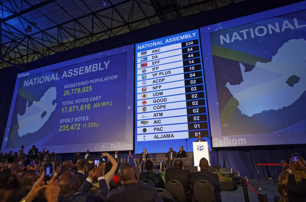 The final results, in number of seats in parliament for the parties who won seats, are displayed at the results ceremony at the Independent Electoral Commission Results Center in Pretoria, South Africa Saturday, May 11, 2019.