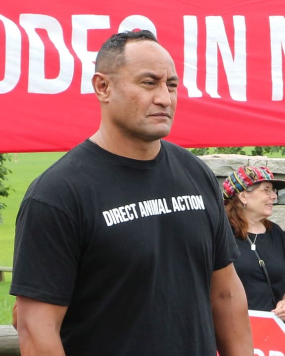 Direct Animal Action spokesperson Apollo Taito at a protest outside the Waikato Rodeo in Te Awamutu.