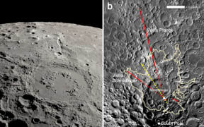 Orbital view of the Schrödinger peak-ring
impact basin and two radiating canyons carved by impact ejecta