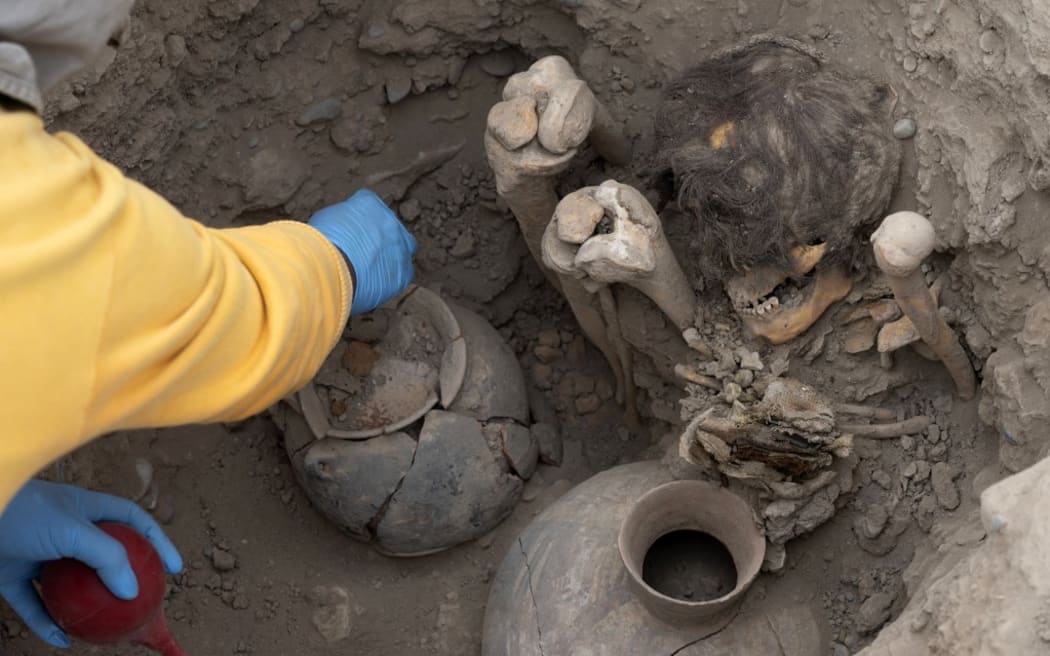 A worker uncovers a mummy belonging to the pre-Inca Ychsma culture buried in a shallow funeral chamber on an ancient sanctuary originally built by the Lima etnia during an excavation in the Huaca (Sanctuary) Pucllana, in the heart of a residential area in the district of Miraflores in Lima, on September 5, 2023. The Ychsma formed around 1100 AD following the breakup of the War Empire, whose autonomy lasted until around 1450, when they were absorbed into the Incan Empire that lived in what is now considered the central Peru coastline. (Photo by Cris BOURONCLE / AFP)