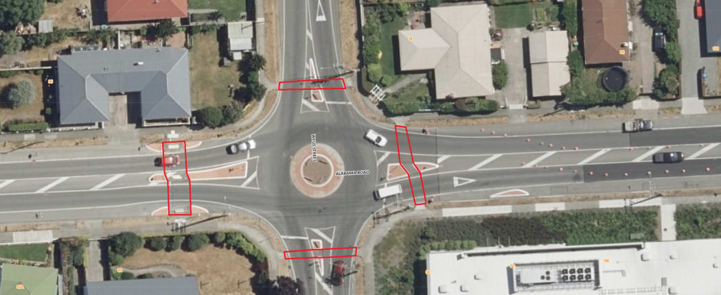 Highlighted in red are the sections of the roundabout originally earmarked for raised pedestrian crossings.