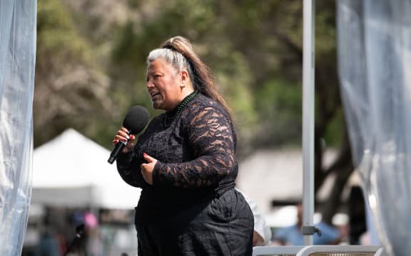 Mariameno Kapa-Kingi speaking at the Waitangi Forum Tent.