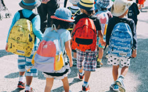 Children walking in the playground with schoolbags.