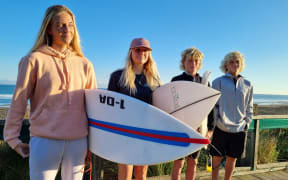 Taranaki's surfer teens, from left, Natasha Gouldsbury,  Skylar McFetridge, Kalani Louis and Spencer Rowson
