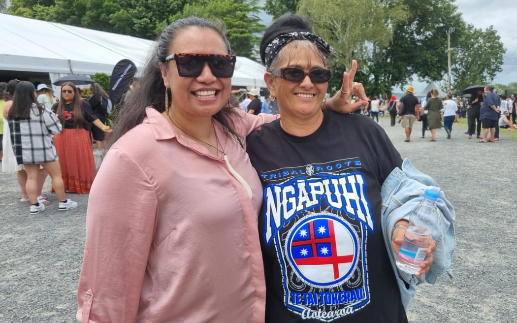 Ngarui (left) and Ngaire Clarke (right), at the hui-ā-motu in Ngāruawāhia today.