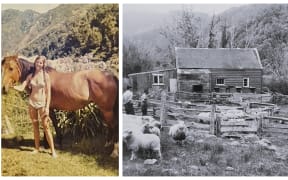 2 pictures, one of Marnie  Anstis as a teenager with her horse Bobbie and the other an old woolshed on the family farm
