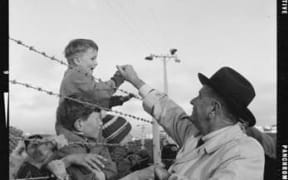 American President Lyndon Baines Johnson shaking the hand of Clem Thorn, aged five years, while he sits on his father's shoulders amongst the crowd at Wellington Airport, 20th of October 1966.