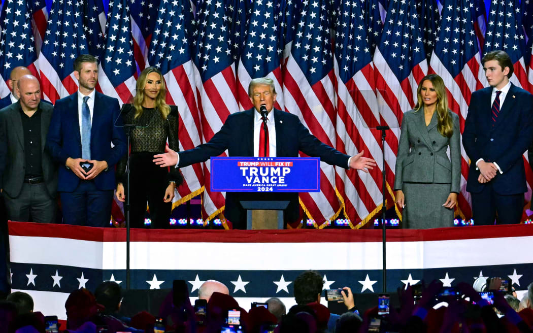 Former US President and Republican presidential candidate Donald Trump speaks during an election night event at the West Palm Beach Convention Center in West Palm Beach, Florida, on November 6, 2024. - Republican former president Donald Trump closed in on a new term in the White House early November 6, 2024, just needing a handful of electoral votes to defeat Democratic Vice President Kamala Harris. (Photo by Jim WATSON / AFP)