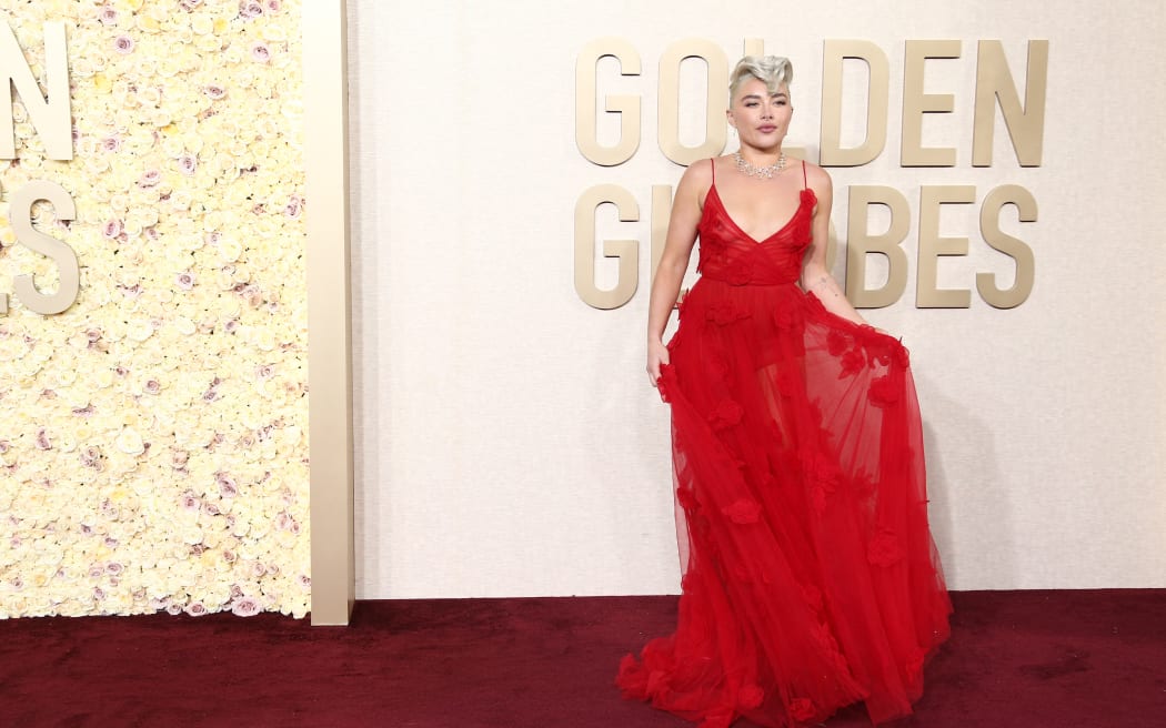 Florence Pugh at the 81st Golden Globe Awards held at the Beverly Hilton Hotel on January 7, 2024 in Beverly Hills, California. (Photo by Tommaso Boddi / Golden Globes / Golden Globes via AFP)