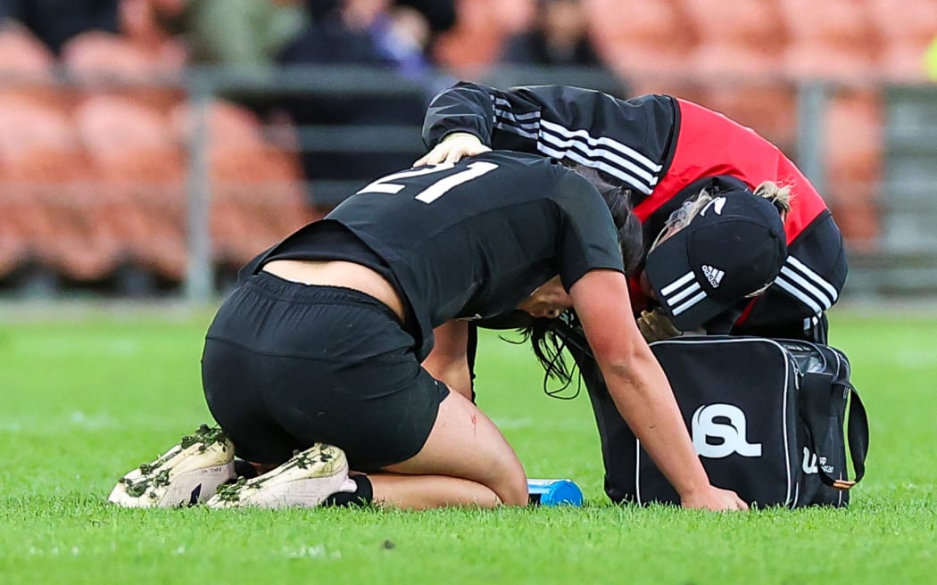 Iritana Hohaia Injured at the Black Ferns VS Wallaroos O'Reilly Cup match at FMG Stadium, Hamilton, New Zealand on Saturday 30 September 2023. Mandatory credit: DJ Mills / www.photosport.nz