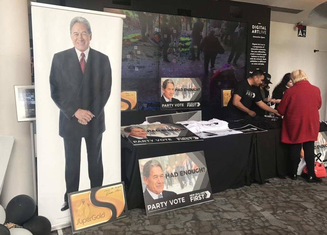 Merchandise for sale at New Zealand First's campaign event in Auckland.