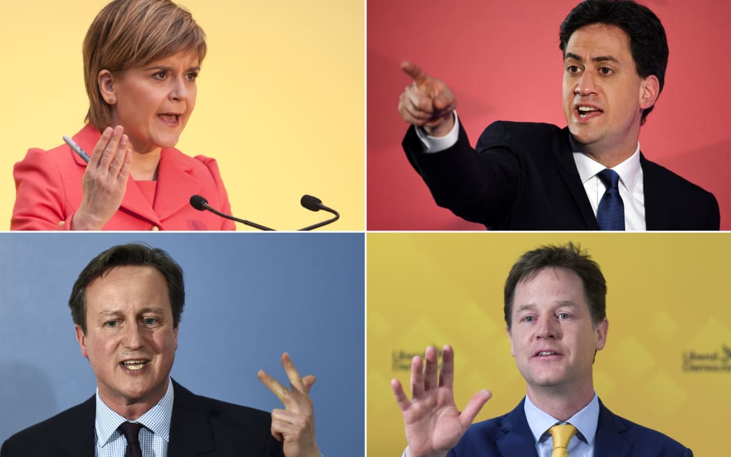 British political leaders, clockwise from top right, Nicola Sturgeon (Scottish National), Ed Miliband (Labour), David Cameron (Conservatives) and Nick Clegg (Liberal Democrats).