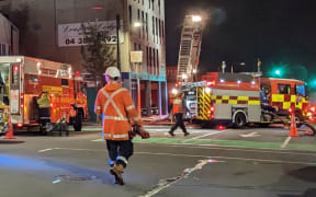 Fire trucks outside the  multi-storey Loafers Lodge on Adelaide Road, Newtown, Wellington.