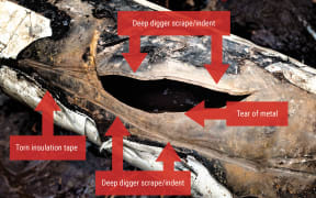 Refining New Zealand said these images show the damage to its pipeline was caused by a digger.