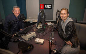RNZ's Māori Issues correspondent Mihingarangi Forbes and Morning Report presenter Guyon Espiner sitting in one of the RNZ Auckland studios.