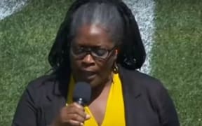 Crystal Collins singing the national anthems at the Kiwis vs England game in Denver on the weekend.