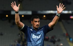 Blues captain Jerome Kaino hails the crowd after their win over the Brumbies