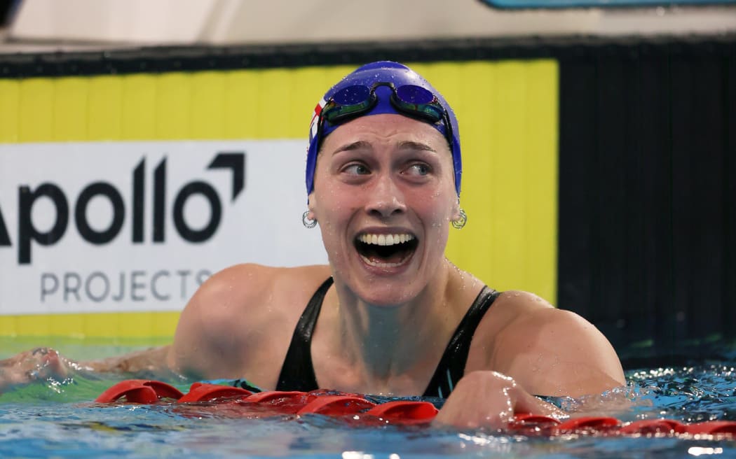 Hazel Ouwehand in disbelief after hitting the Paris 2024 qualification time and breaking the New Zealand record in the 100m Butterfly at the 2024 NZ Swimming Champs. (credit BW Media)