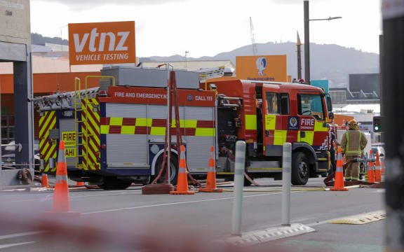 A fire tuck at the scene a day after a fatal fire at Loafers Lodge in Wellington on 16 May, 2023.
