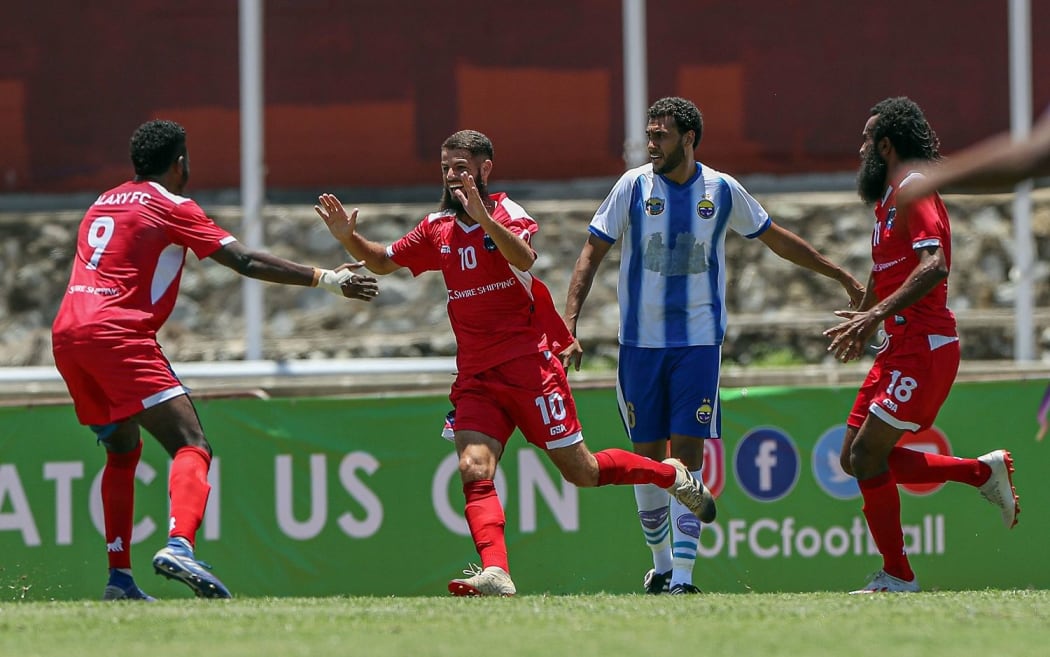 Galaxy celebrate Roberson Dos Santos Ribiero's opening goal.