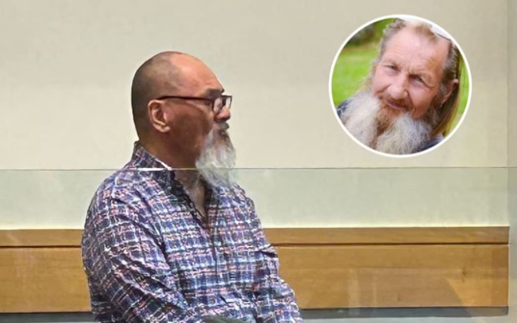 Abel Wira in the High Court at Whangārei during his trial following the death of Neville Thomson (inset) in August 2022.