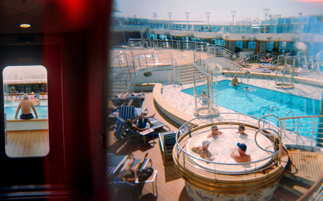Caribbean, December 2018. Guests lounge and walk around the sundecks on a sailing day during a 7 day Western Caribbean cruise. The fastest-growing sector in the travel industry, cruises have long been criticised for their impact on the environment and coastal communities that are suffering from sea-level rise. The U.S. Environmental Protection Agency (EPA) has estimated that a 3000 passenger cruise ship can, in just one week, produce almost 800,000 litres of sewage, almost 4000 million litres of grey water, 95,000 litres of oily bilge water, 8 tons of solid waste, and 568 litres of hazardous waste.