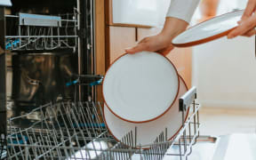 A person taking clean plates from the dishwasher.