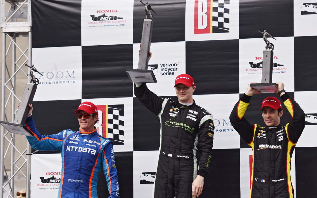 On the podium in Alabama (from left) Scott Dixon, Josef Newgarden, Simon Pagenaud