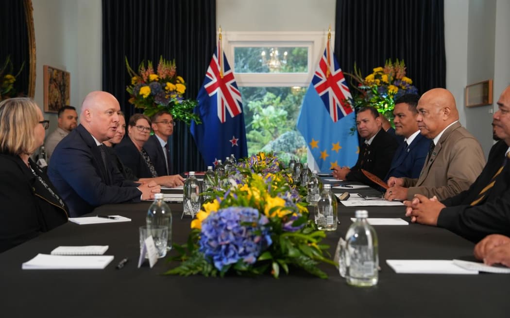 New Zealand Prime Minister Christopher Luxon (centre left) meets with Tuvalu Prime Minister Feleti Teo at Government House in Auckland. 26 March 2026